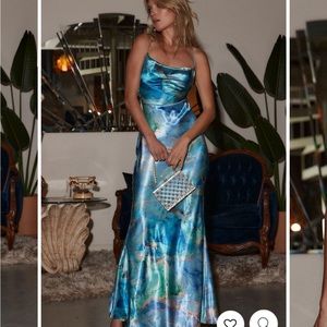 Blue marble satin maxi dress